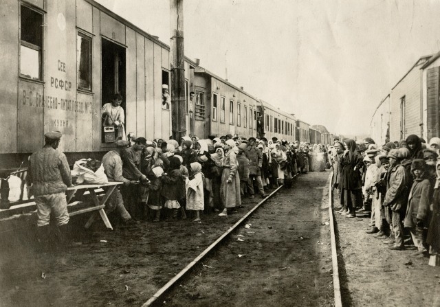 Russia - food train distributing food and clothing 