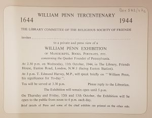 Penn Tercentenary 1944 invitation to an exhibition in the Library