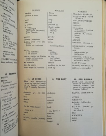 Pamphlet has translations of words useful to the work of relief workers in both French, and German